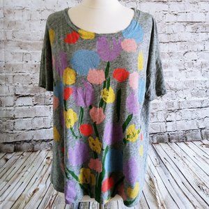 Michael De Feo For J CREW Womens Crew Neck T-Shirt Gray With Painted Tulips XL